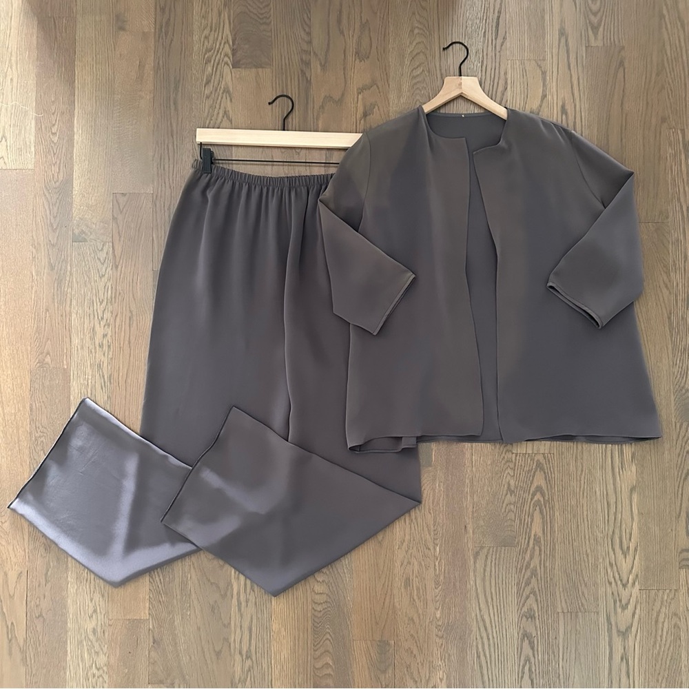 NWT Peter Cohen Designer 100% Silk Crepe Pant and Top Set in Charcoal Grey XL